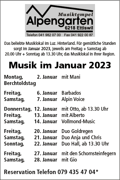 Die Schornsteinfeger im Musiktempel Alpengarten, ab 20.00 Uhr, Telefon 079 435 47 04