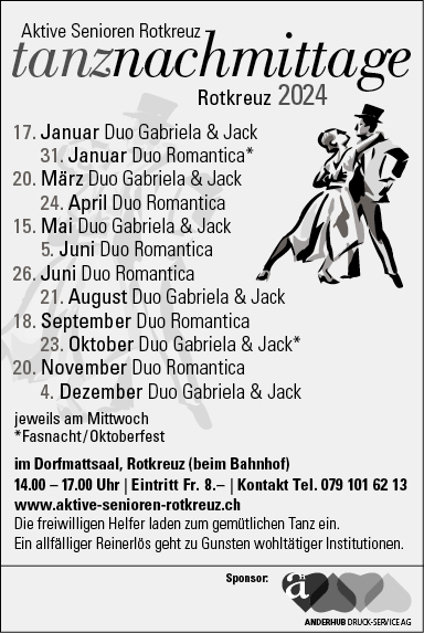 Tanznachmittag mit Duo Gabriela und Jack, Dorfmattsaal, 14.00 bis 17.00 Uhr, Eintritt Fr. 8.-, Aktive Senioren Rotkreuz, www.aktive-senioren-rotkreuz.ch