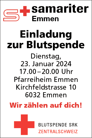 Einladung zur Blutspende, Pfarreiheim, Kirchfeldstrasse 10, 17.00 bis 20.00 Uhr, Samariterverein Emmen 
