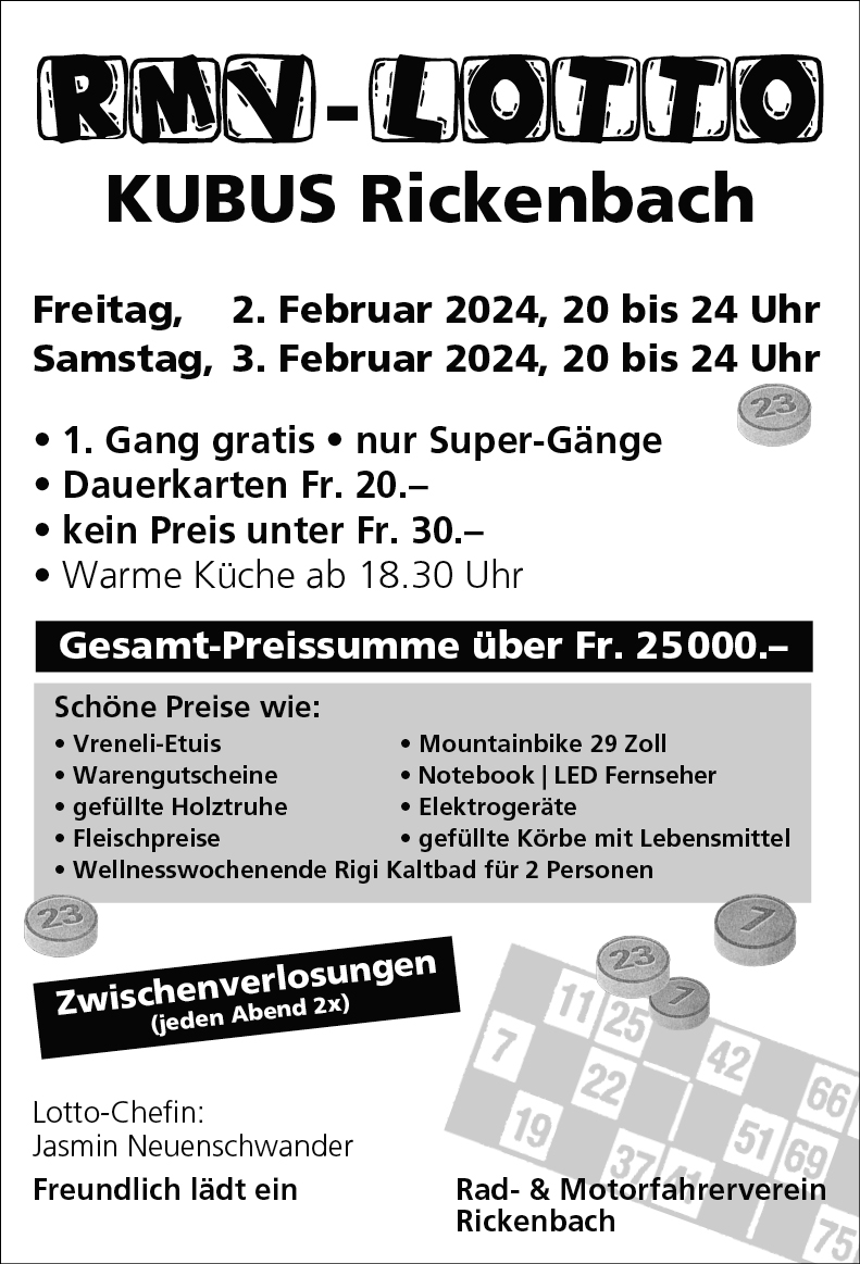 RMV-Lotto, Rad- & Motorfahrerverein Rickenbach, Kubus, 20.00 bis 24.00 Uhr