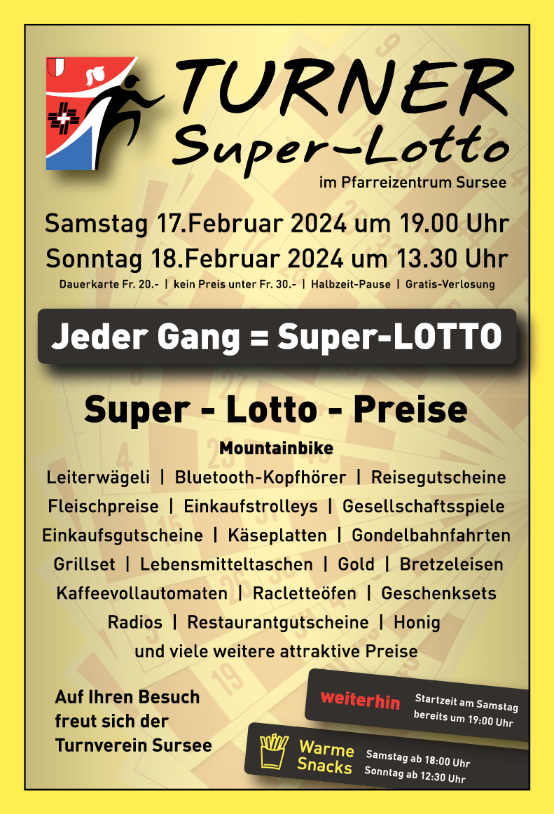 Turner Super-Lotto, Turnverein Sursee, Pfarreizentrum, 13.30 Uhr