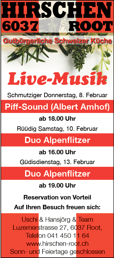 Live-Musik mit Duo Alpenflitzer, Restaurant Hirschen, Güdisdienstag, ab 19 Uhr
