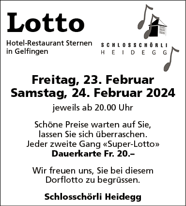 Lotto Schlosschörli Heidegg, Hotel-Restaurant Sternen, 20.00 Uhr