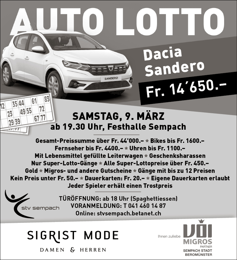 Auto Lotto STV Sempach, Festhalle, ab 19.30 Uhr, stvsempach.betanet.ch