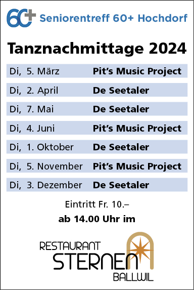 Tanznachmittage, Pit's Music Project, Restaurant Sternen, ab 14 Uhr, Seniorentreff 60+ Hochdorf, Eintritt 10.- 